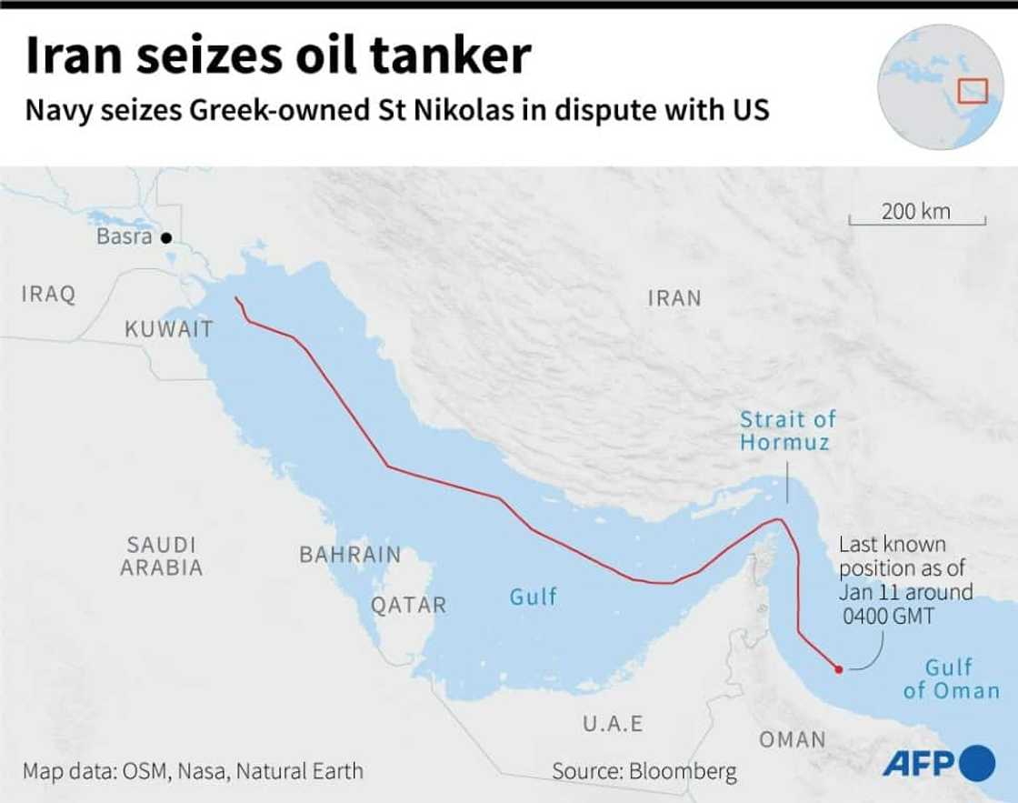 A map showing the region around the Gulf of Oman where the oil tanker St Nikolas was seized by the Iranian navy A map showing the region around the Gulf of Oman where the oil tanker St Nikolas was seized by the Iranian navy