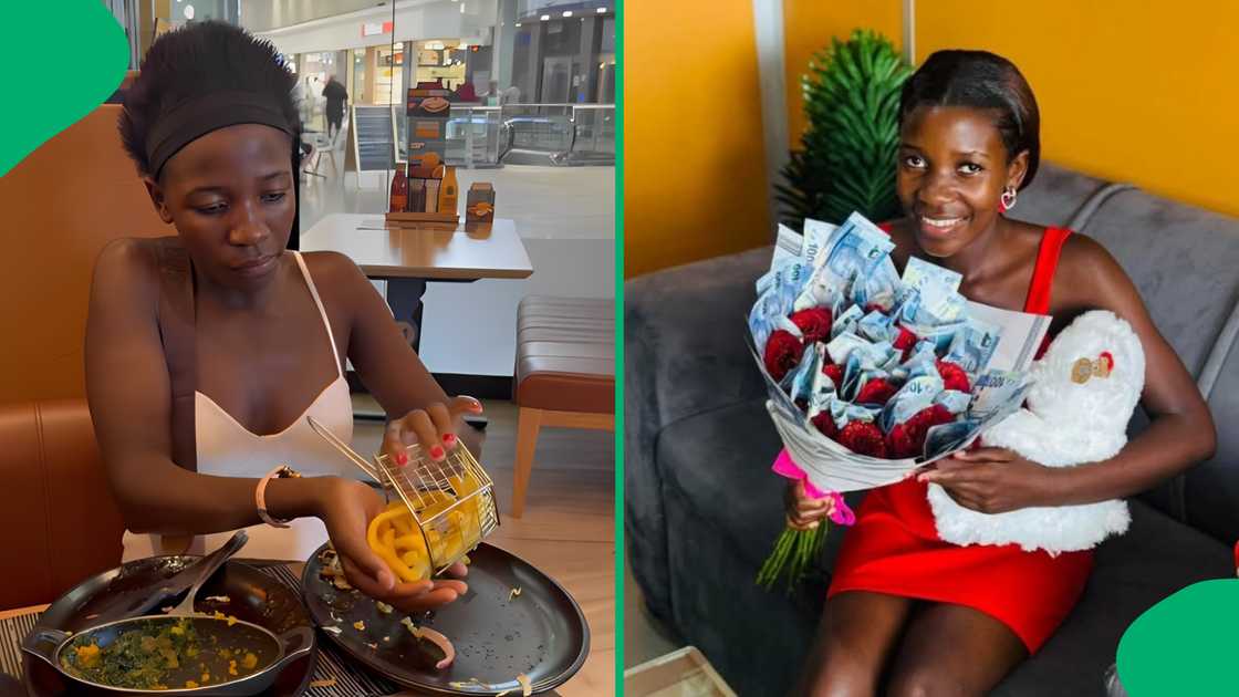 A woman either annoyed or entertained SA by stuffing her clothes with food A woman either annoyed or entertained SA by stuffing her clothes with food