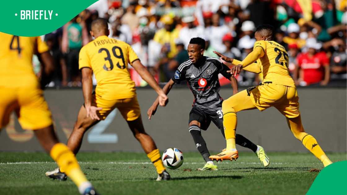 Relebohile Mofokeng in action in the Soweto derby last season in the Premier Soccer League.