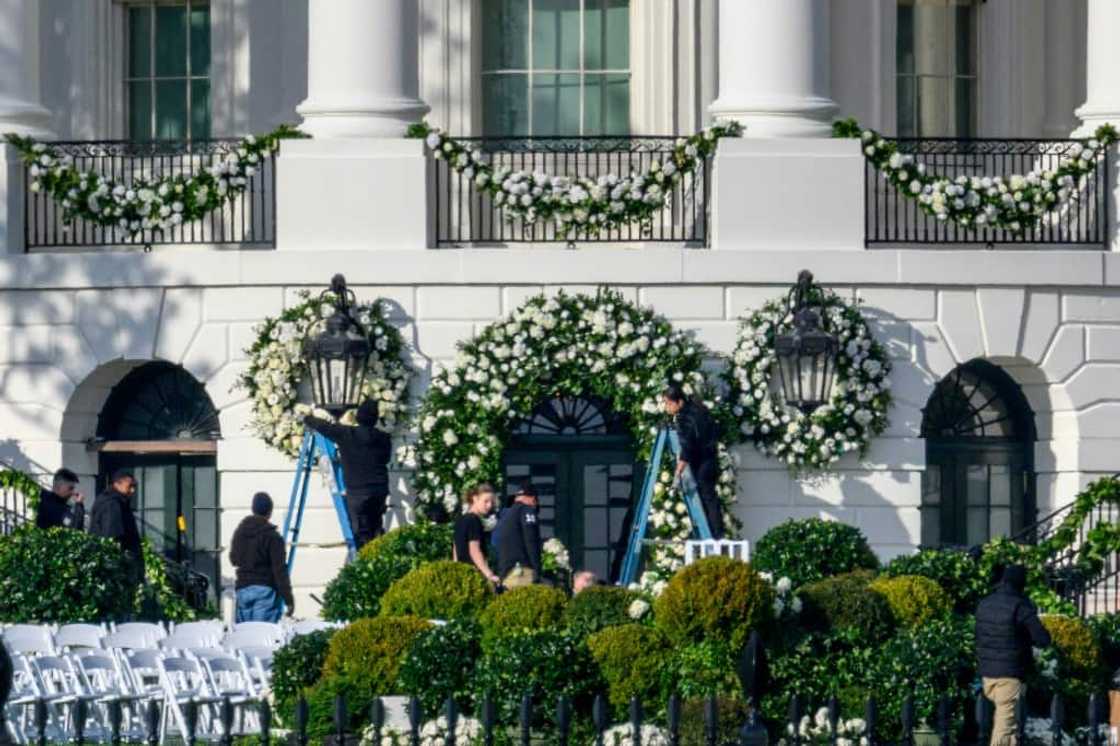 The White House, seen decorated for the wedding of President Joe Biden's grand-daughter Naomi on November 19, 2022 The White House, seen decorated for the wedding of President Joe Biden's grand-daughter Naomi on November 19, 2022