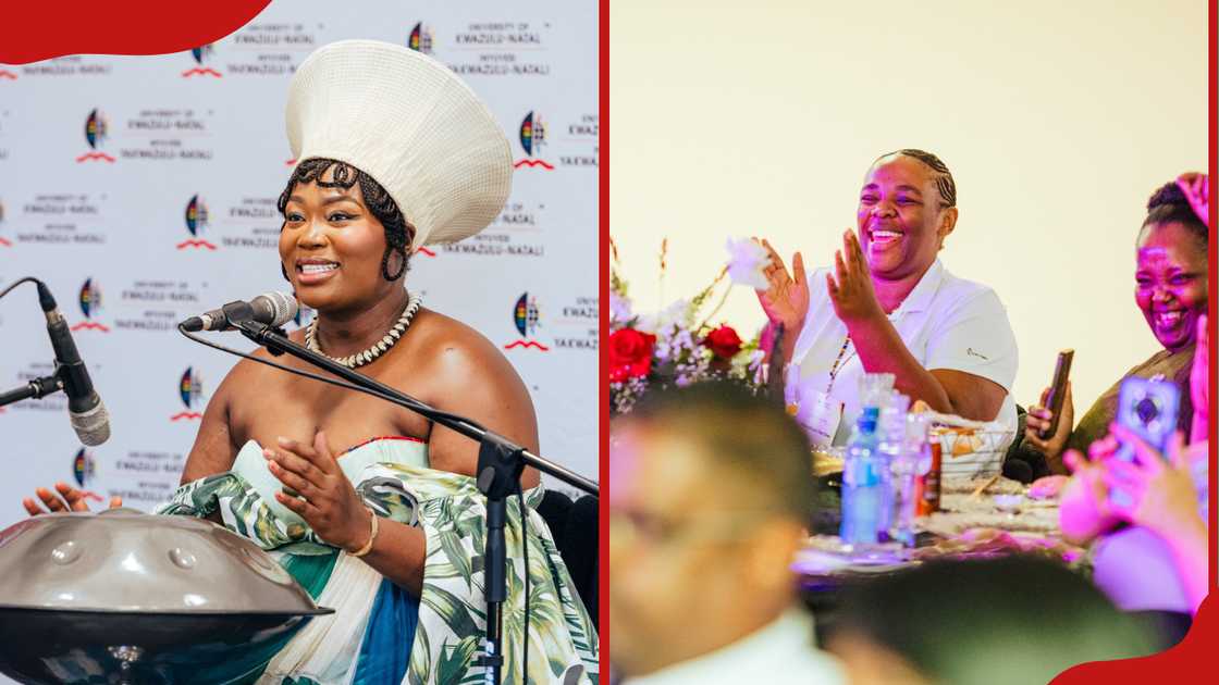 A woman performing for people at UKZN event