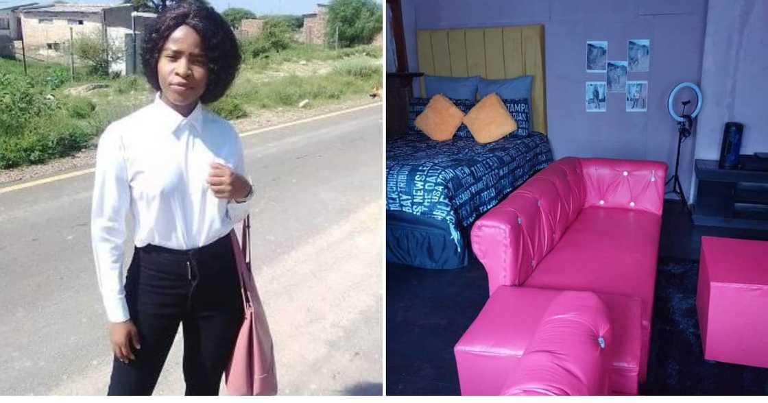 The lady has a pretty home and pink couch The lady has a pretty home and pink couch