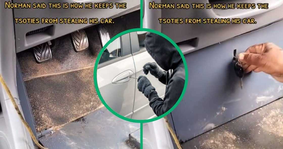 A man creates a metal locker for his car foot pedals to keep the thieves away