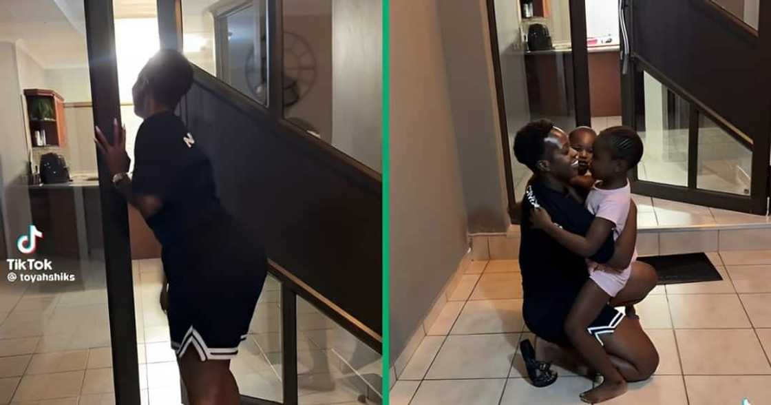 Two kids got excited when their mom returned home Two kids got excited when their mom returned home