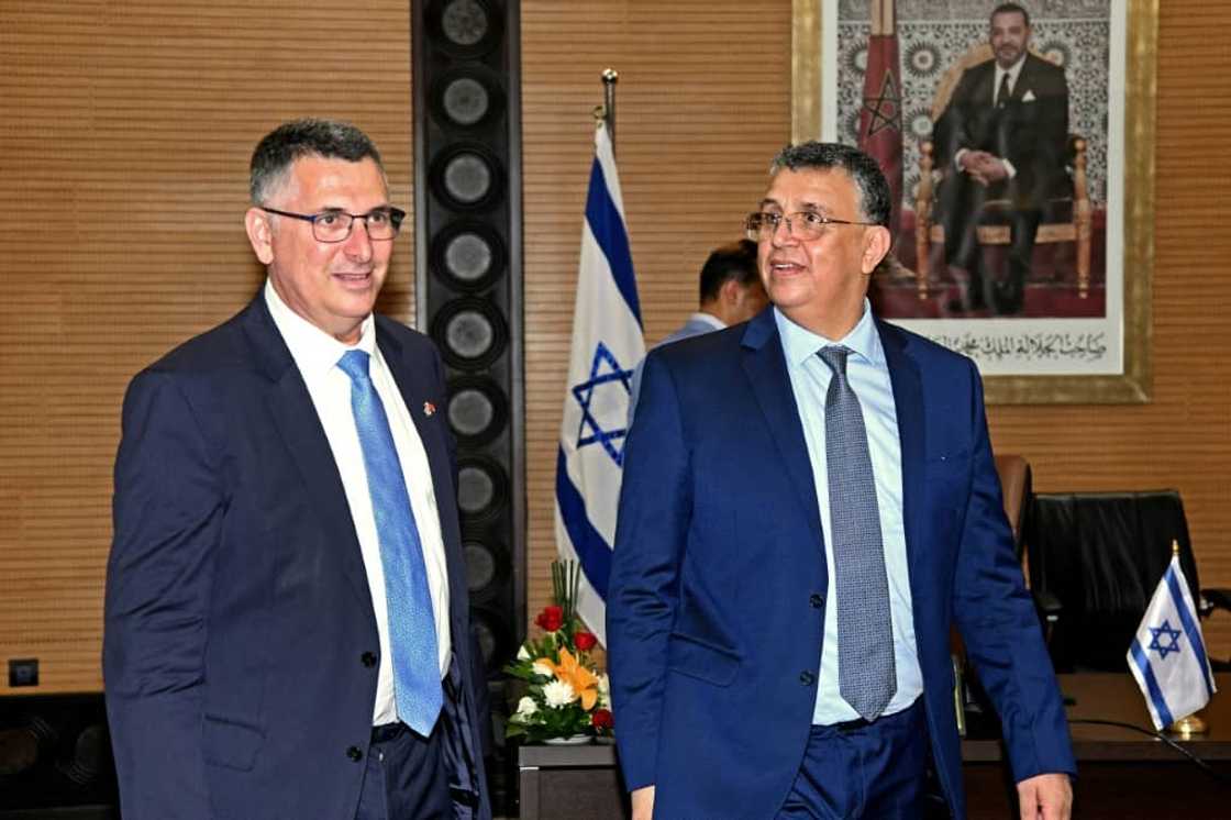 Moroccan Justice Minister Abdellatif Ouahbi (R) receives Israeli Justice Minister Gideon Saar in Rabat