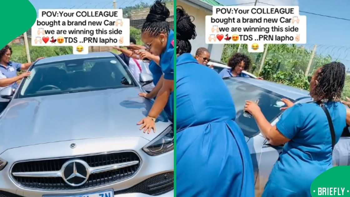 The visual on the right showed multiple nurses praying over a car The visual on the right showed multiple nurses praying over a car