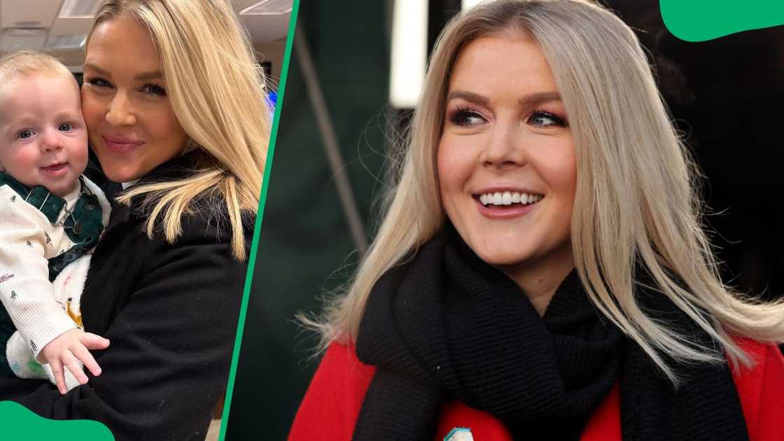 Karoline Leavitt and her son, Nicholas (L). The political aide during a 2025 press briefing at the White House (R)