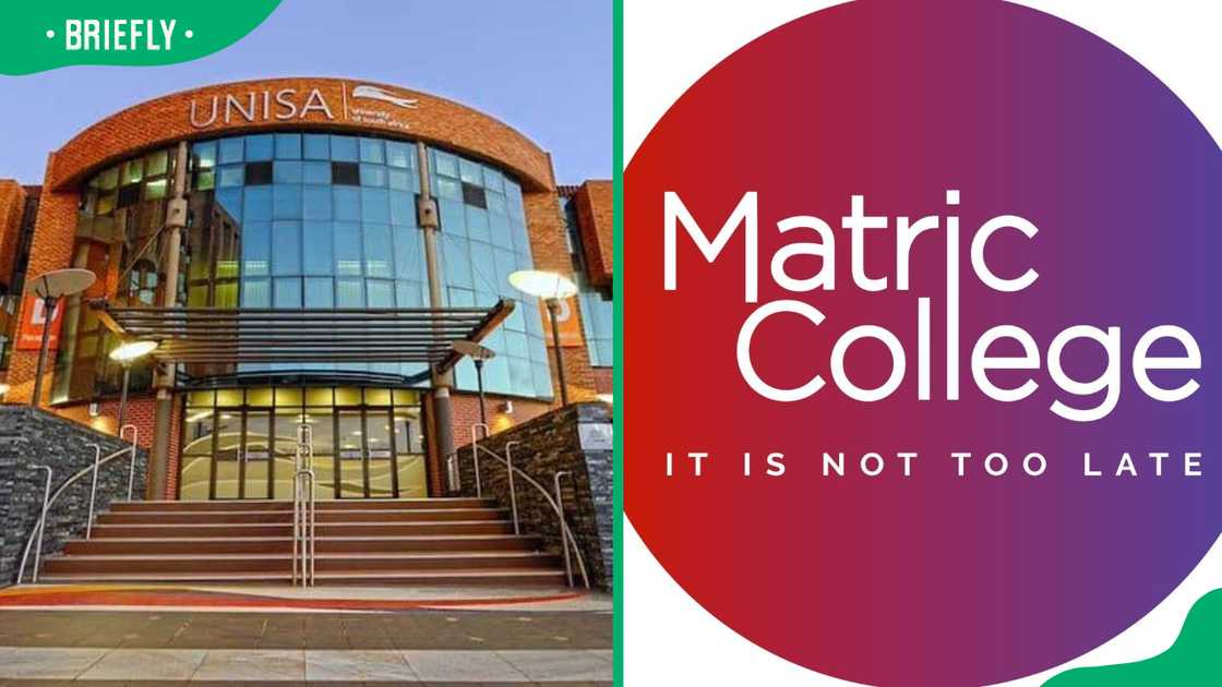 A view of the University of South Africa and the Matric College logo.