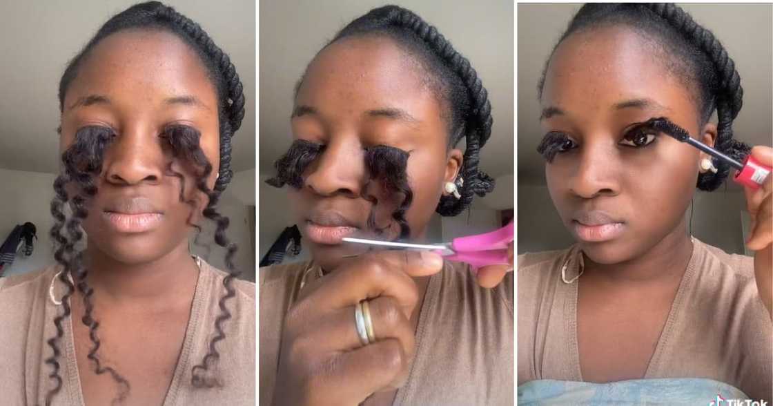 A lady created wacky eyelashes from strands of a hairpiece, leaving people amused A lady created wacky eyelashes from strands of a hairpiece, leaving people amused