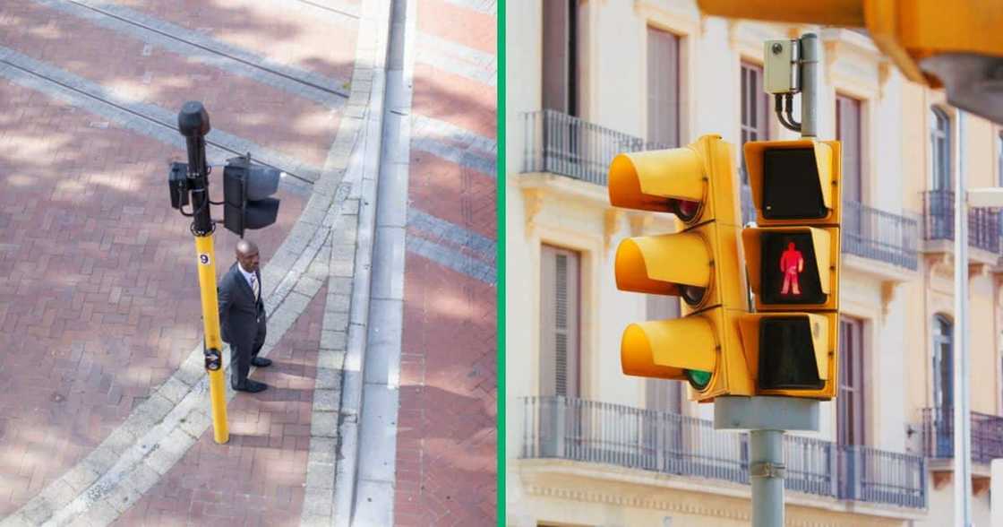 A TikTok video captured a man wearing heels and a dress selling hats at a traffic light.