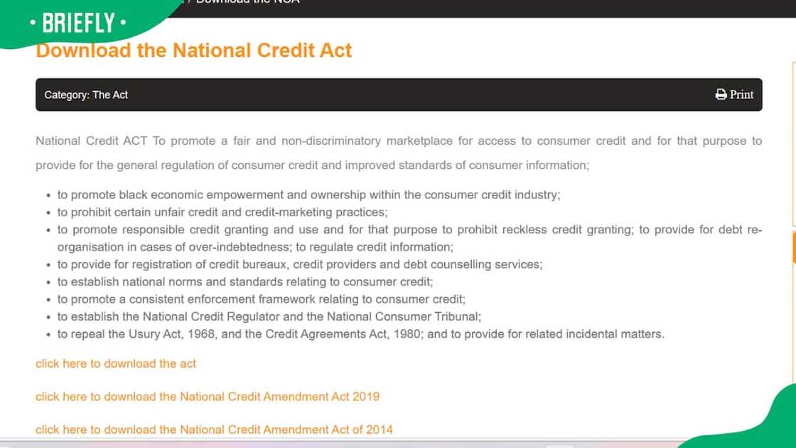 Screenshot of the National Credit Act roles Screenshot of the National Credit Act roles