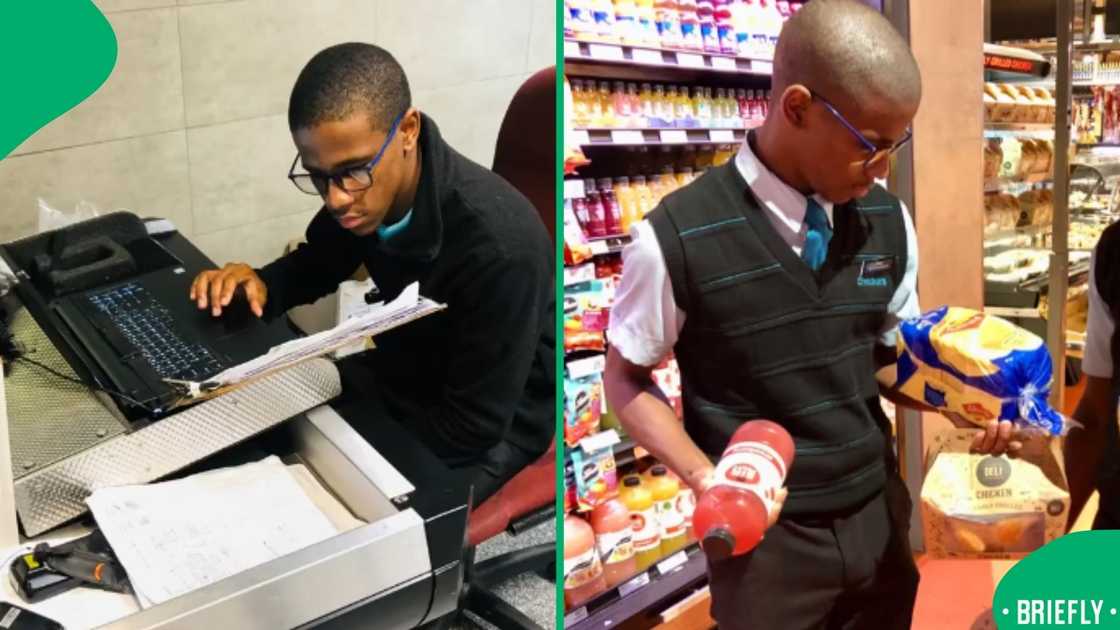 On the right, Qiniso was holding food items in the store.