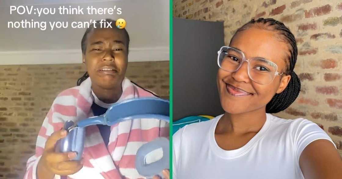 Black woman emotional over broken headphones. Black woman emotional over broken headphones.