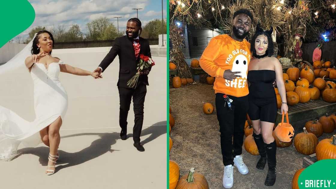 The couple on Halloween day, wearing their pumpkin-inspired Halloween outfits The couple on Halloween day, wearing their pumpkin-inspired Halloween outfits