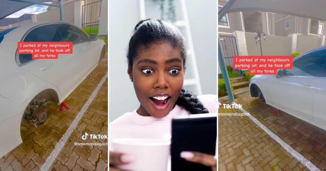 TikTok user @smomondiagoldi shared a video showing a white Mercedes car with no wheels TikTok user @smomondiagoldi shared a video showing a white Mercedes car with no wheels