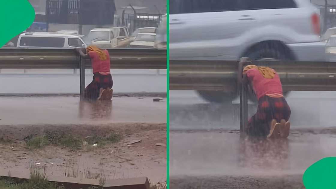 A TikTok video shows a woman kneeling in the rain, leaving peeps worried.