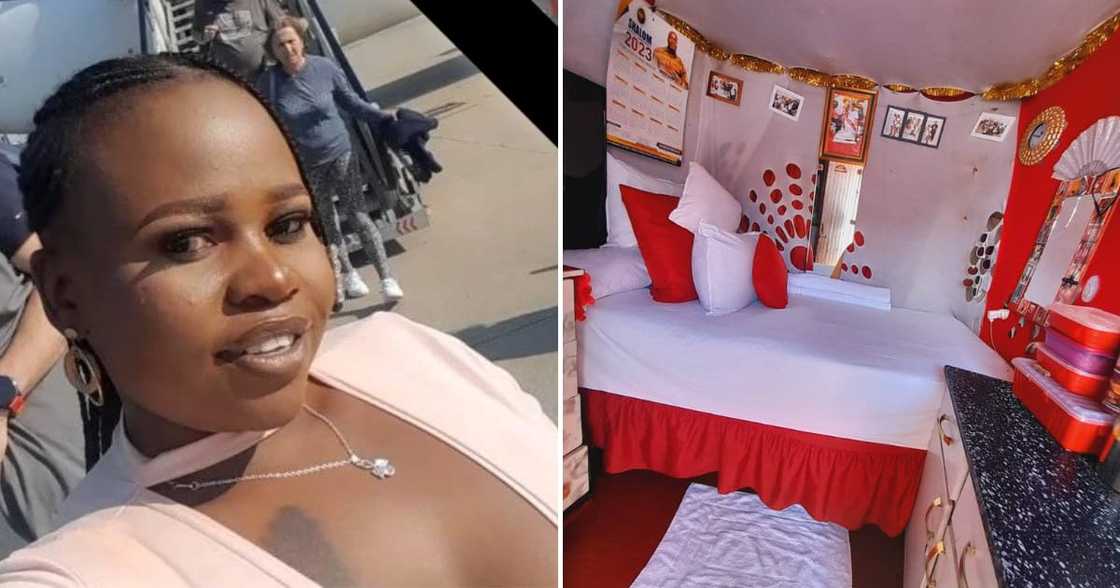 The lady has a pretty one-room with red and white The lady has a pretty one-room with red and white