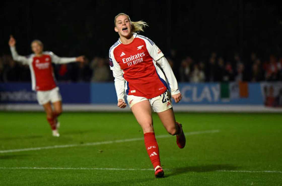 Alessia Russo of Arsenal celebrates scoring against Everton Alessia Russo of Arsenal celebrates scoring against Everton