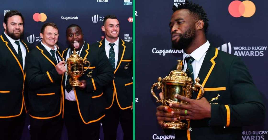 The Springbok players lift the rugby world Cup trophy after they won the 2023 Rugby World Cup in France