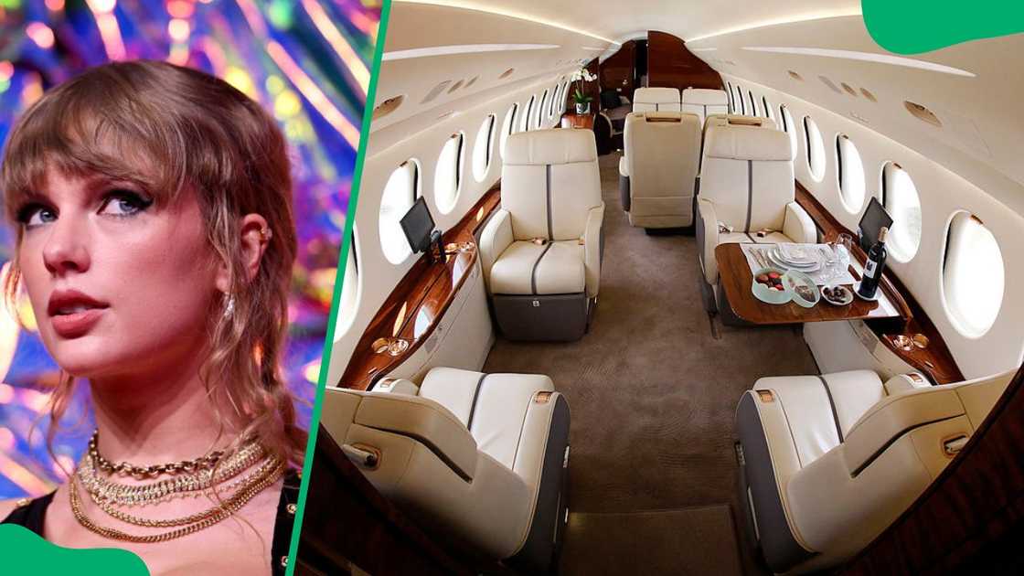 Taylor Swift at the 2023 MTV Video Music Awards (L). The interior of the Falcon 7X (R)