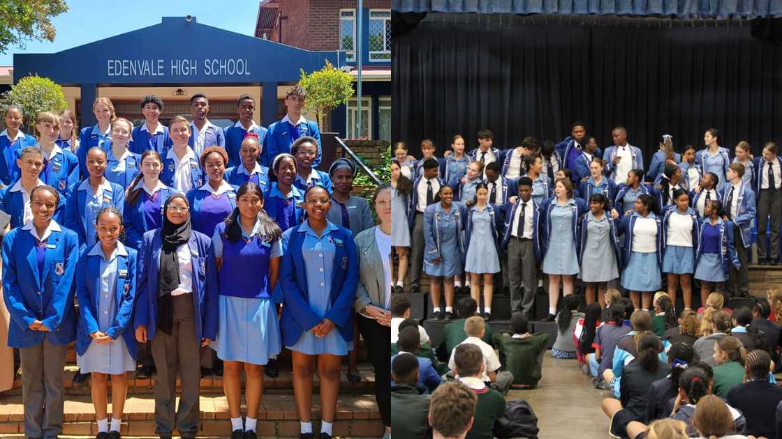 Edenvale High School students standing at the entrance of their school and on the podium during a school play