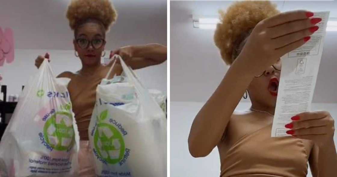Woman shows how much goods she bought from Clicks. Woman shows how much goods she bought from Clicks.