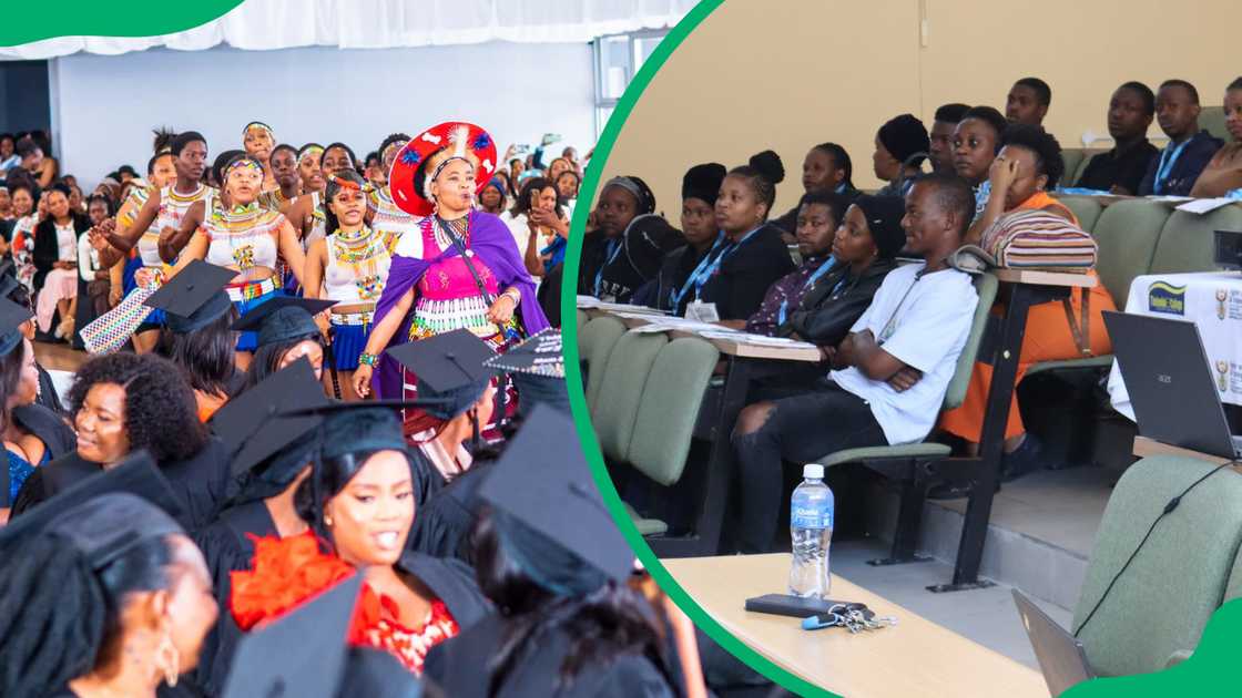 Thekwini College students during a recent graduation ceremony and students listening to a lecture Thekwini College students during a recent graduation ceremony and students listening to a lecture