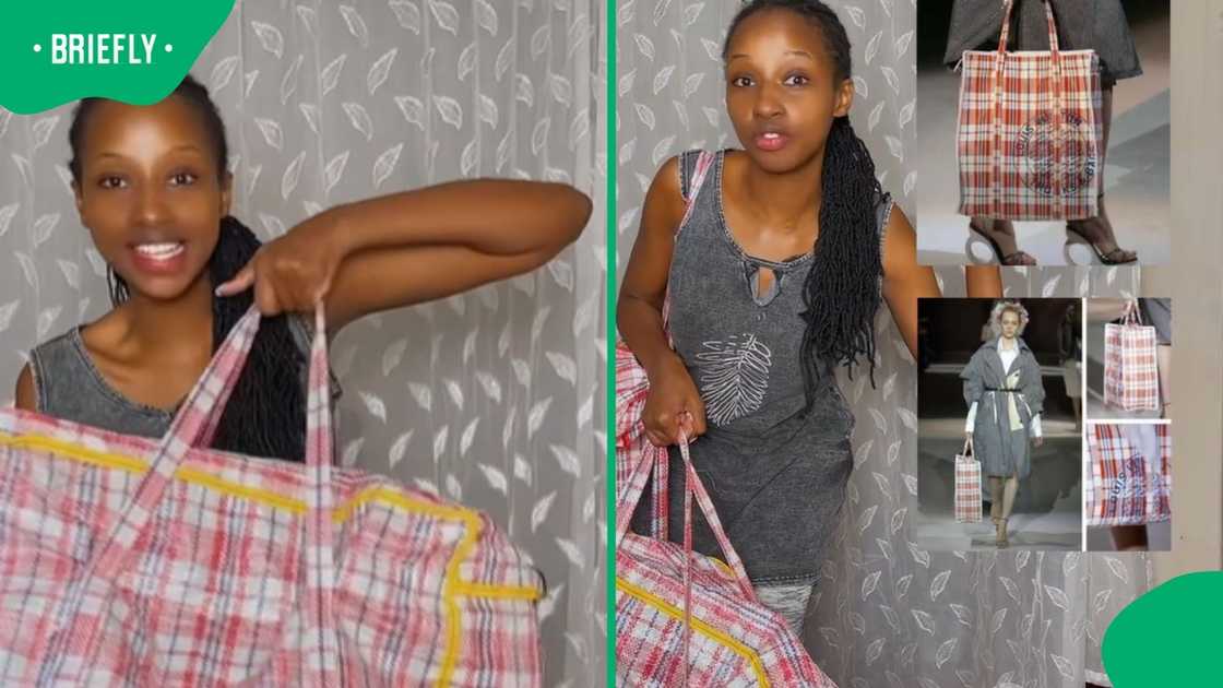 Joking she's rich, a woman flexes the everyday African bag that Louis Vuitton is selling as a R30K luxury item.