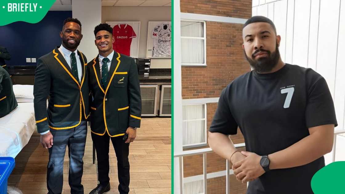 A man gave props to Siya Kolisi and Sacha Feinberg-Mngomezulu. A man gave props to Siya Kolisi and Sacha Feinberg-Mngomezulu.