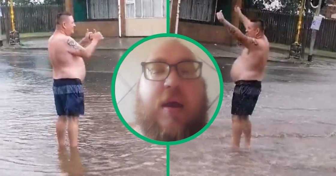 A Gauteng man created fun for himself during floods by standing in the middle of a flooded street, waiting for cars to splash him.