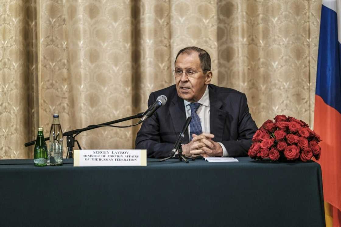 Russian Foreign Minister Sergei Lavrov speaks at a press conference at the Russian embassy in Addis Ababa