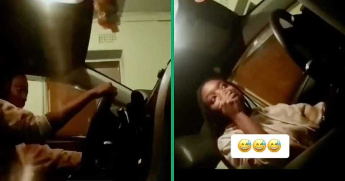 Young woman crashes car in a TikTok video. Young woman crashes car in a TikTok video.