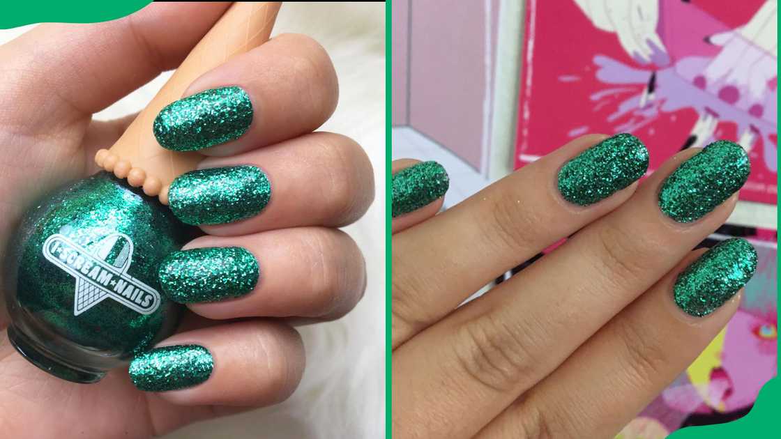 Green glitters nail design