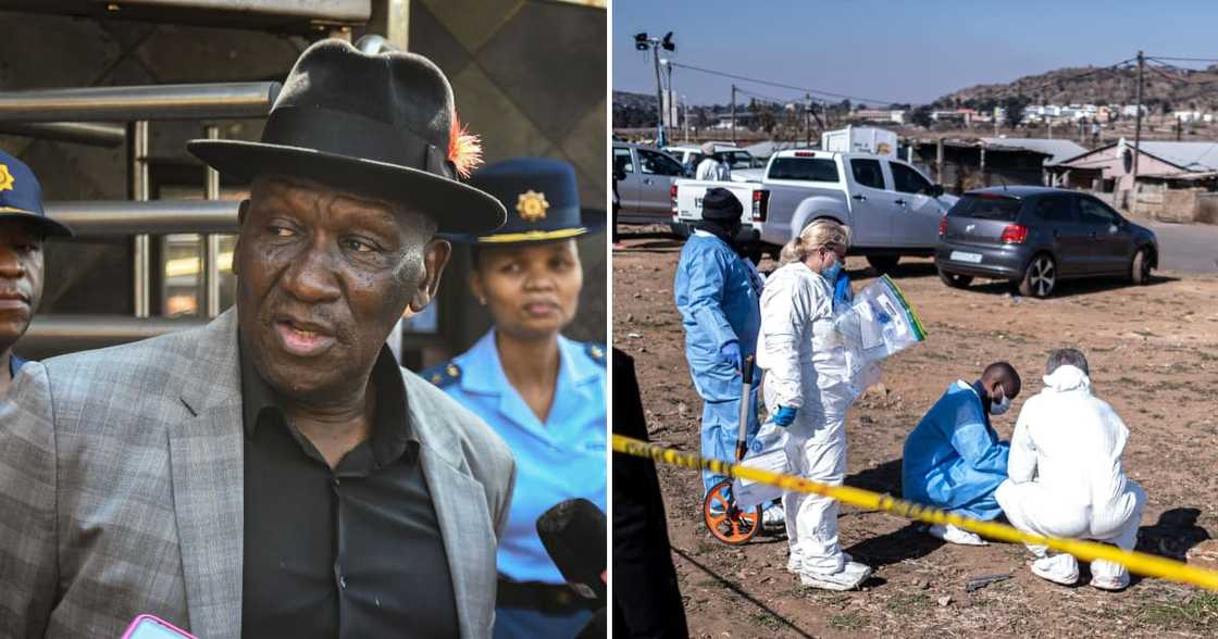 Bheki Cele, awaits police report, Soweto tavern shooting, deploys amabherethe, five suspects wanted