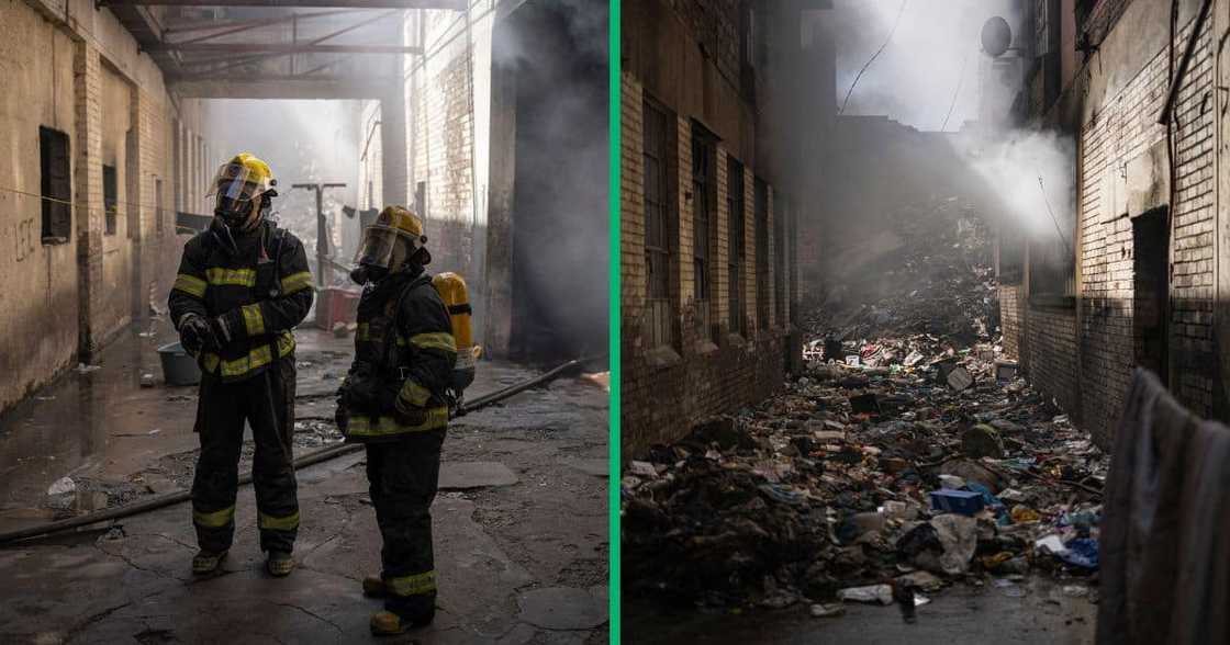 Firefighters wait for colleagues to get inside a building that caught fire in Johannesburg on September 15, 2023.