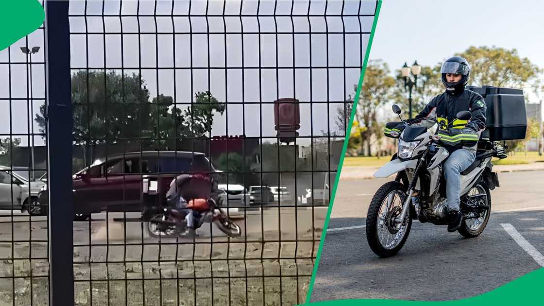A delivery driver had fun on his motorbike. A delivery driver had fun on his motorbike.