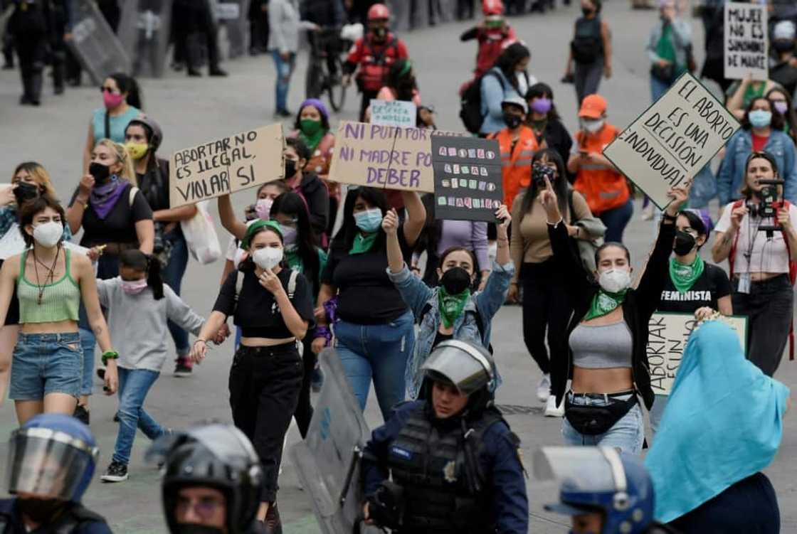 Demonstrators demand the decriminalization of abortion on International Safe Abortion Day in Mexico City in September 2021 Demonstrators demand the decriminalization of abortion on International Safe Abortion Day in Mexico City in September 2021