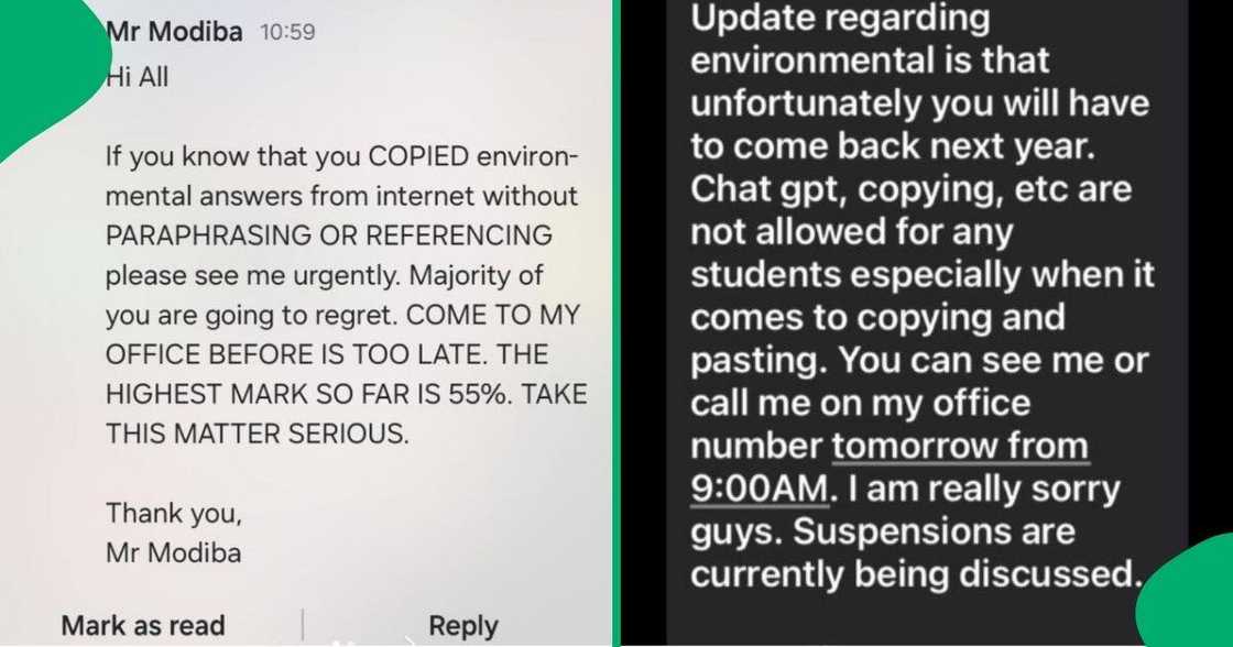 A screenshot of messages a lecturer sent calling out students who cheated on a test.