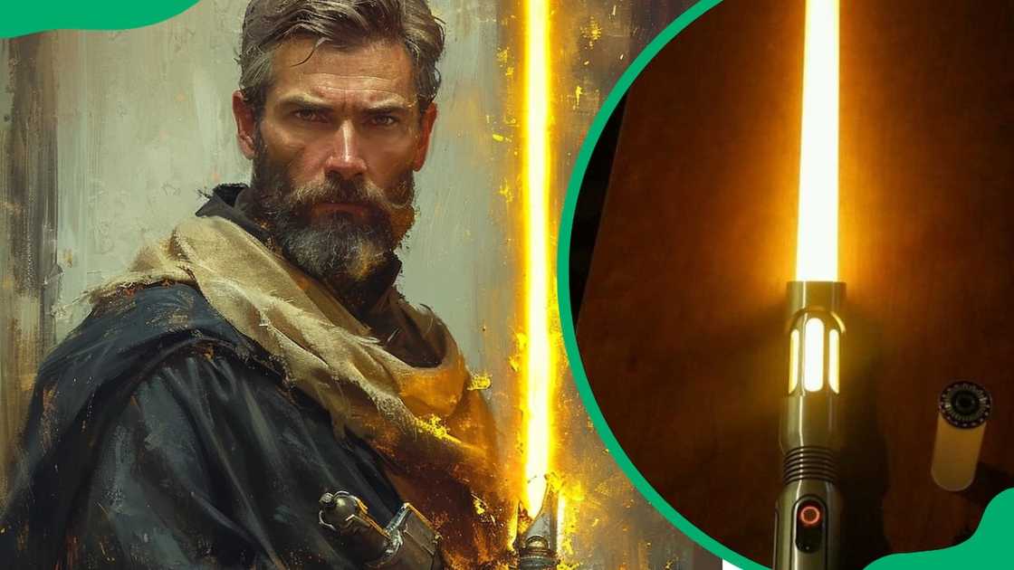 A man wielding an orange lightsaber A man wielding an orange lightsaber