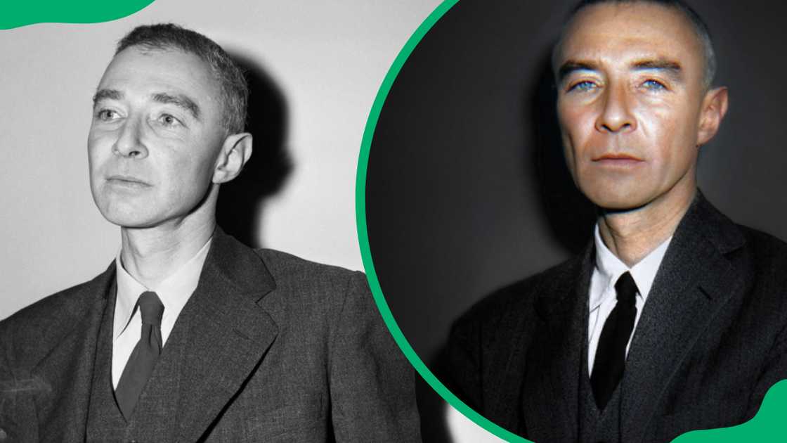 A black and white photo of Robert Oppenheimer in a black suit (L). A coloured photo of Robert Oppenheimer (R). A black and white photo of Robert Oppenheimer in a black suit (L). A coloured photo of Robert Oppenheimer (R).