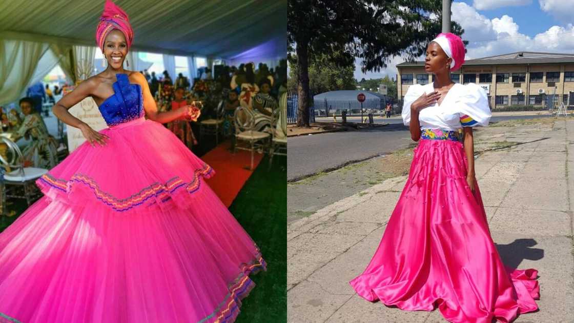 Pink, blue and white Bapedi gown Pink, blue and white Bapedi gown
