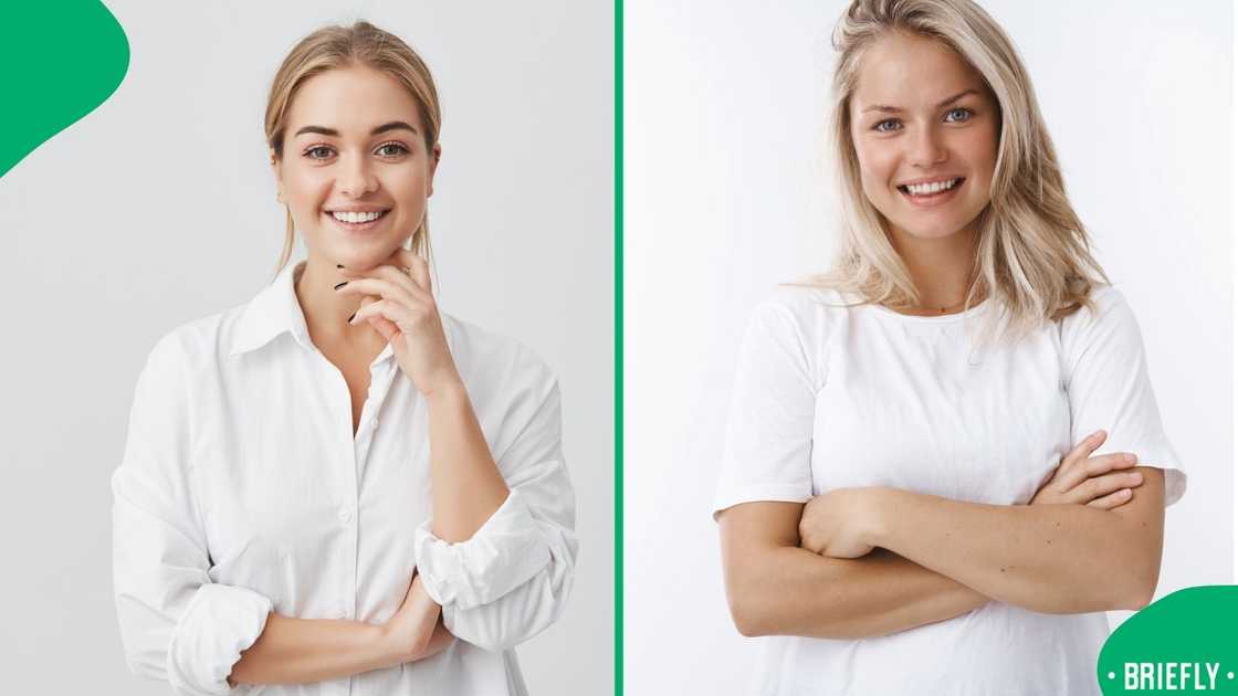 A woman smiled, posing in a photoshoot setting A woman smiled, posing in a photoshoot setting