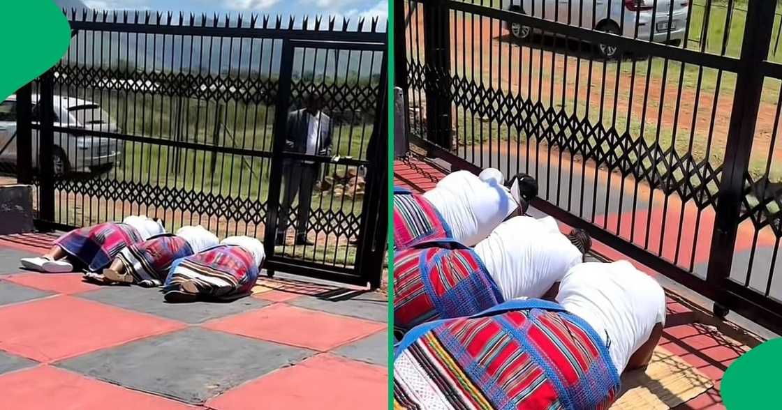 A TikTok video shows women lying on the ground in front of the gate.