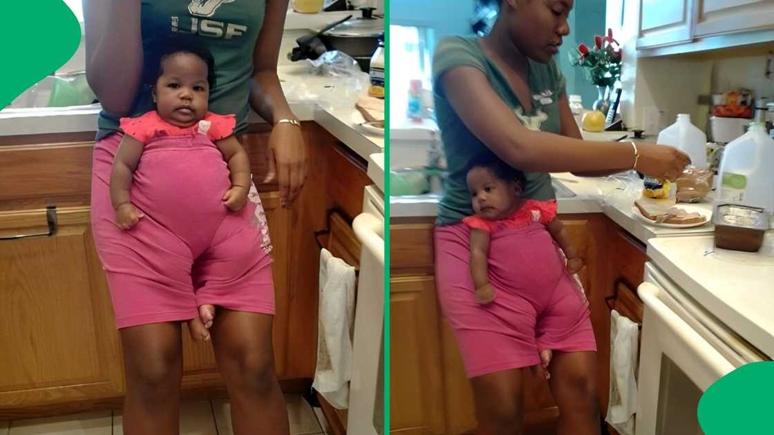 A woman put a baby in her pants. A woman put a baby in her pants.