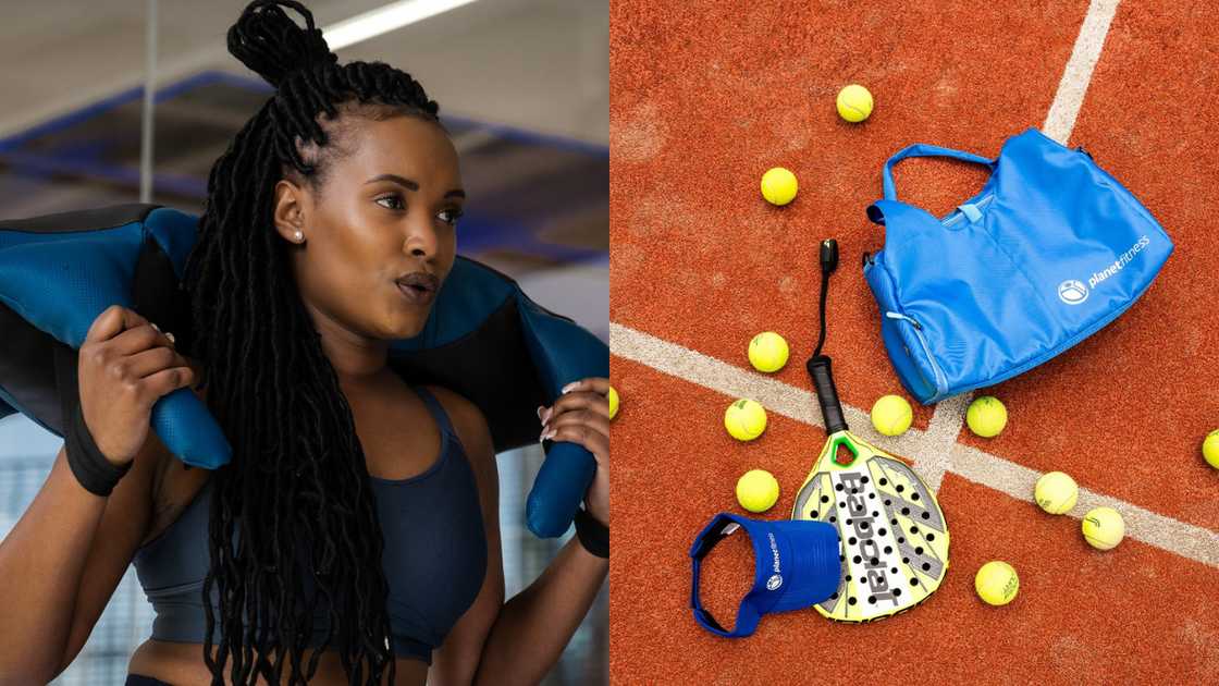 A woman working out at Planet Fitness and a Planet Fitness bag lying next to tennis balls and a tennis racket A woman working out at Planet Fitness and a Planet Fitness bag lying next to tennis balls and a tennis racket