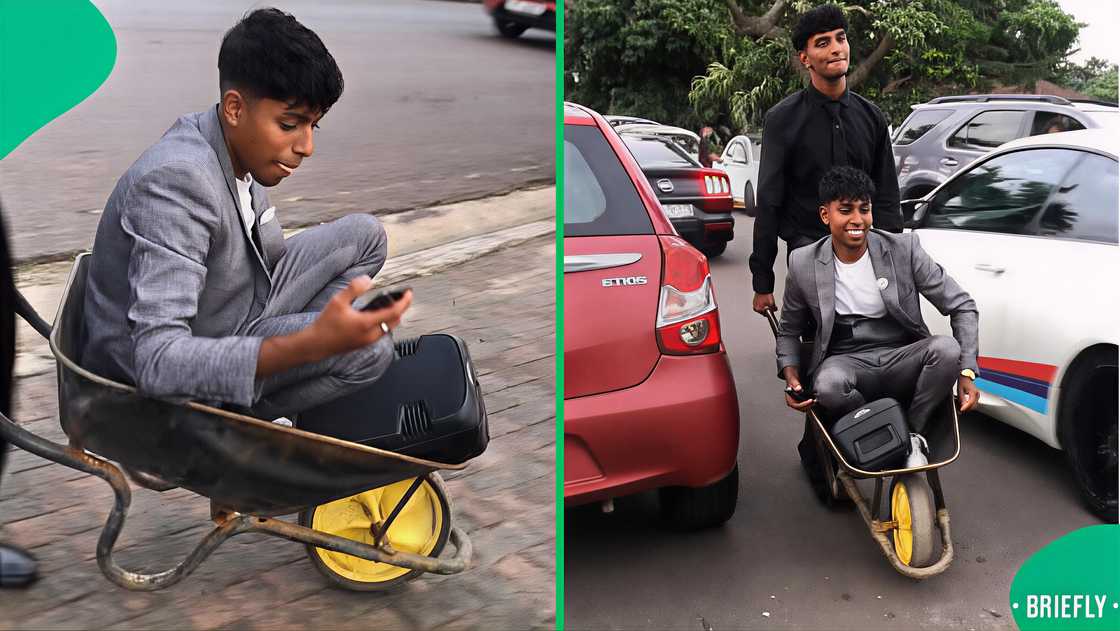 A young man in Grade 12 pulling up to his matric dance in a wheelbarrow.