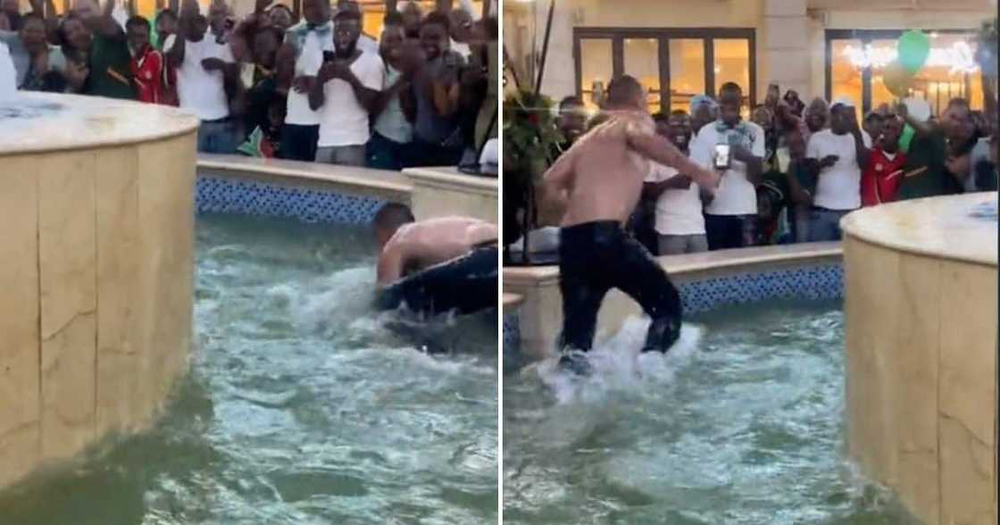 Man swims in the fountain after Spirngbok win.