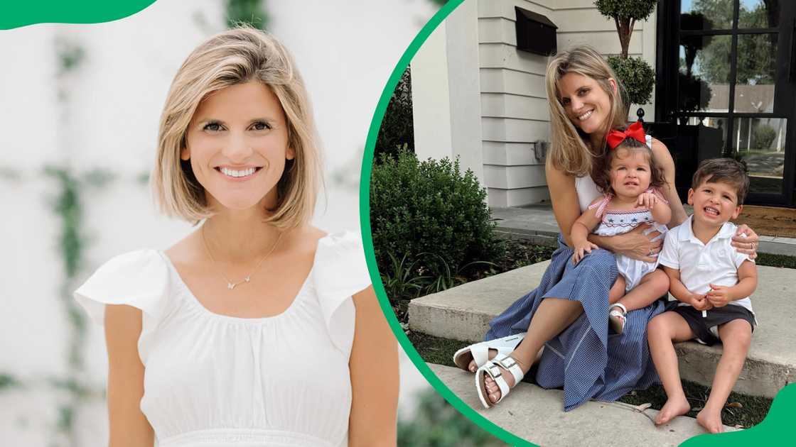 Brighton Butler is smiling for a snap in a white outfit and together with her two kids outside a house