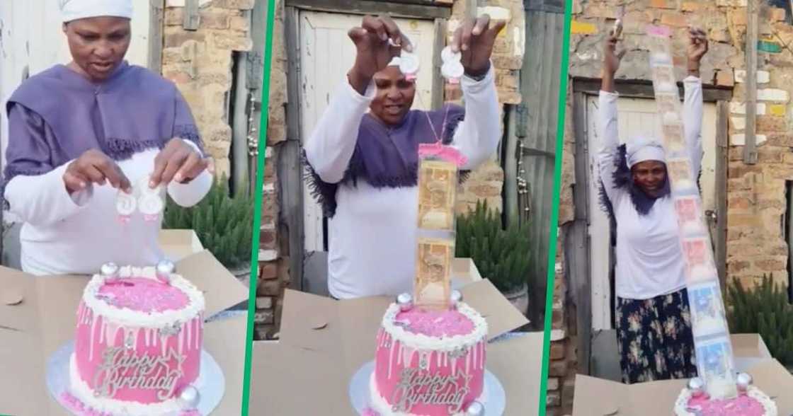 A woman received a money cake from her son for her birthday A woman received a money cake from her son for her birthday