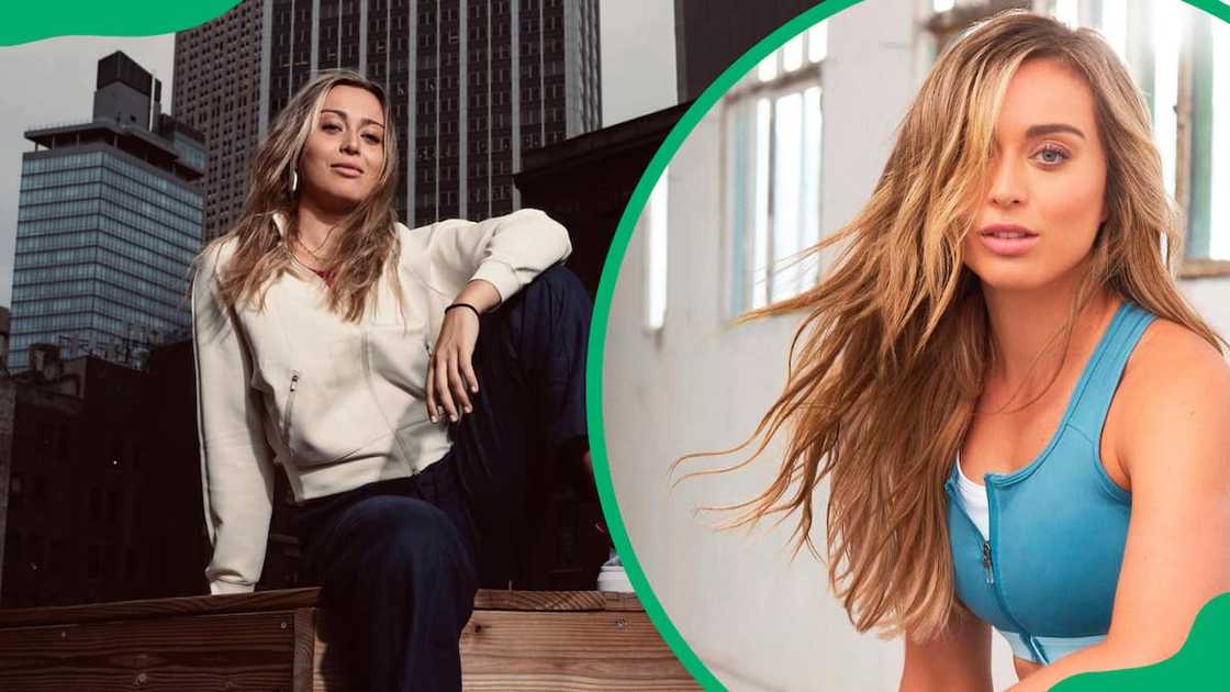 Paula Badosa seated on a wooden bench (L). The tennis player in a blue tank top (R) Paula Badosa seated on a wooden bench (L). The tennis player in a blue tank top (R)